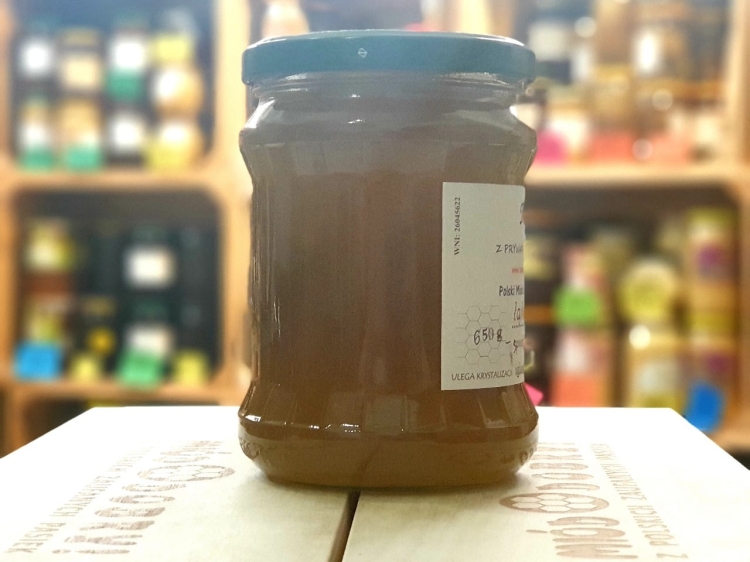 Miód z łąk pod Bodzentyniem z domieszką spadzi iglastej jodłowej 650g płynny