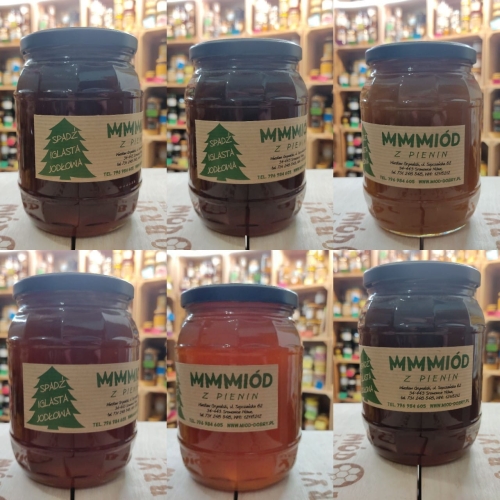 Sześć miodów spadziowych iglastych z różnych dni roku. Słoiki po 1kg netto. Zdjęcie przykładowe, miody mogą się różnić kolorem.