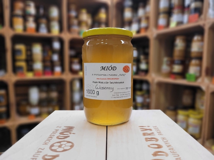Miód Wielokwiatowy Wiosenny 2024 rocznik 1000g jeszcze płynny