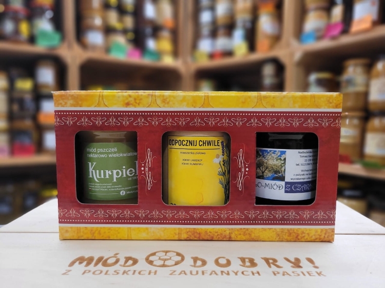 Ziołomiód z kwiatów czarnego bzu, Miód wielokwiatowy i Herbatka - wszystko w kartoniku z rączką