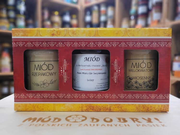 3 miody 400g (Rzepakowy, Wielokwiatowy, Leśny) w kartoniku z rączką