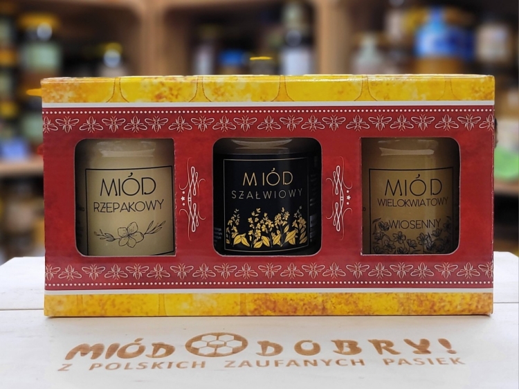 3 miody po 400g w kartoniku: rzepakowy, szałwiowy, wielokwiatowy